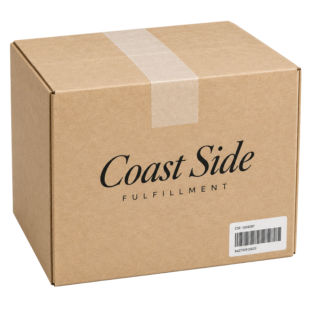Kraft shipping box with the Coast Side Fulfillment wordmark